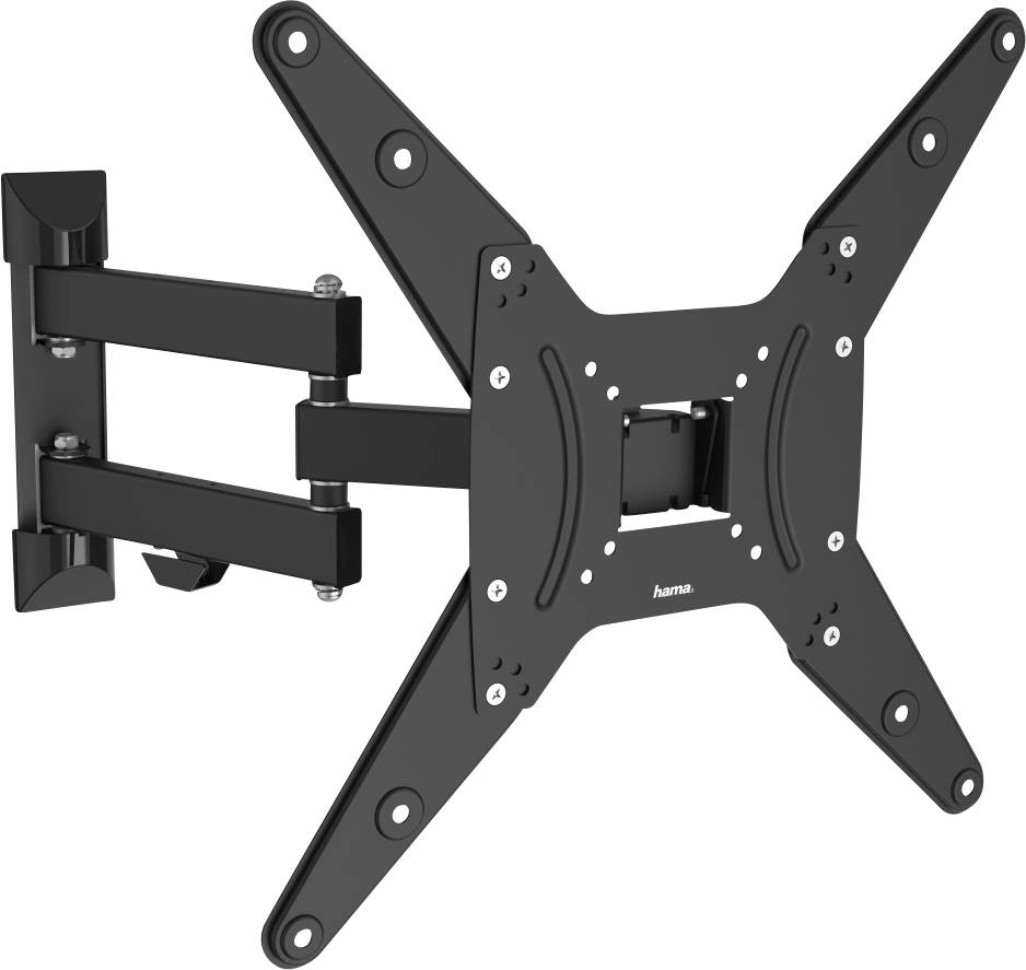 Black, tilting TV wall mount with extendable arm for flexible positioning of flatscreen displays.
