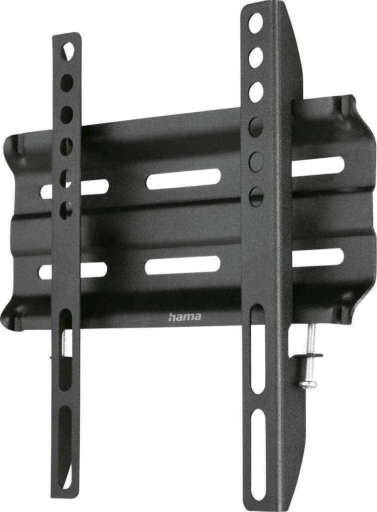 Black metal wall-mounted TV bracket for flat screens, with adjustable mounting rails and screws.