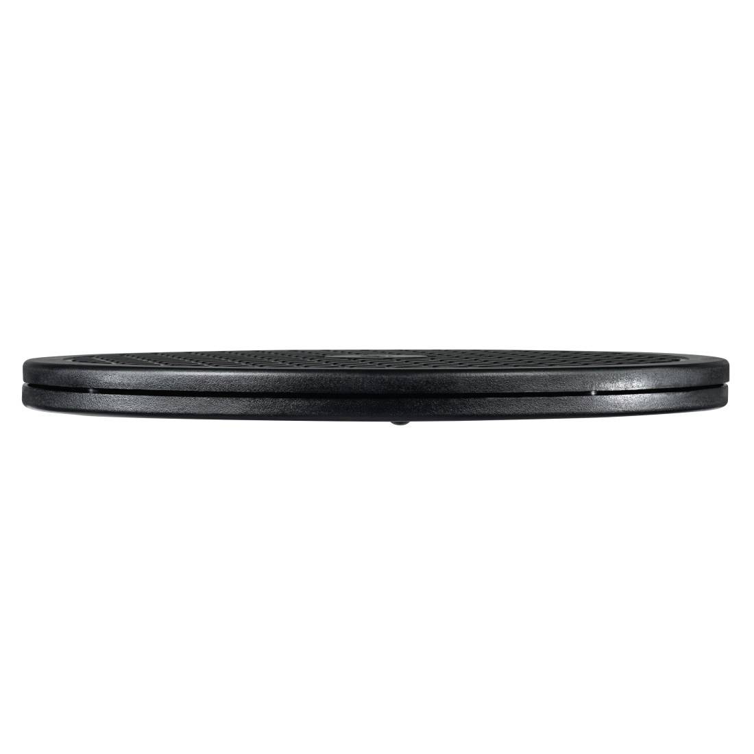 A round, flat, black object, possibly a device or accessory, against a white background.