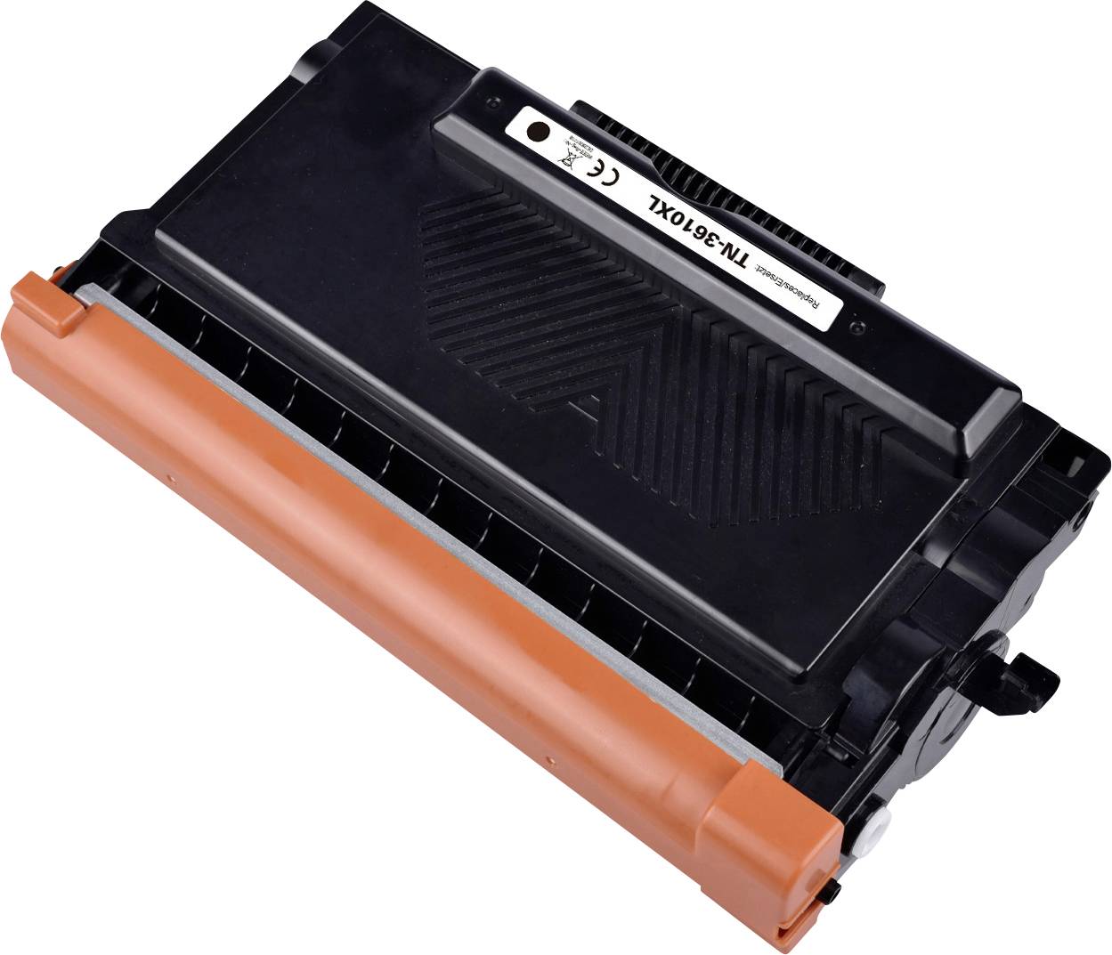 Printer toner cartridge with a black casing and orange stripe, suitable for various laser printer models.