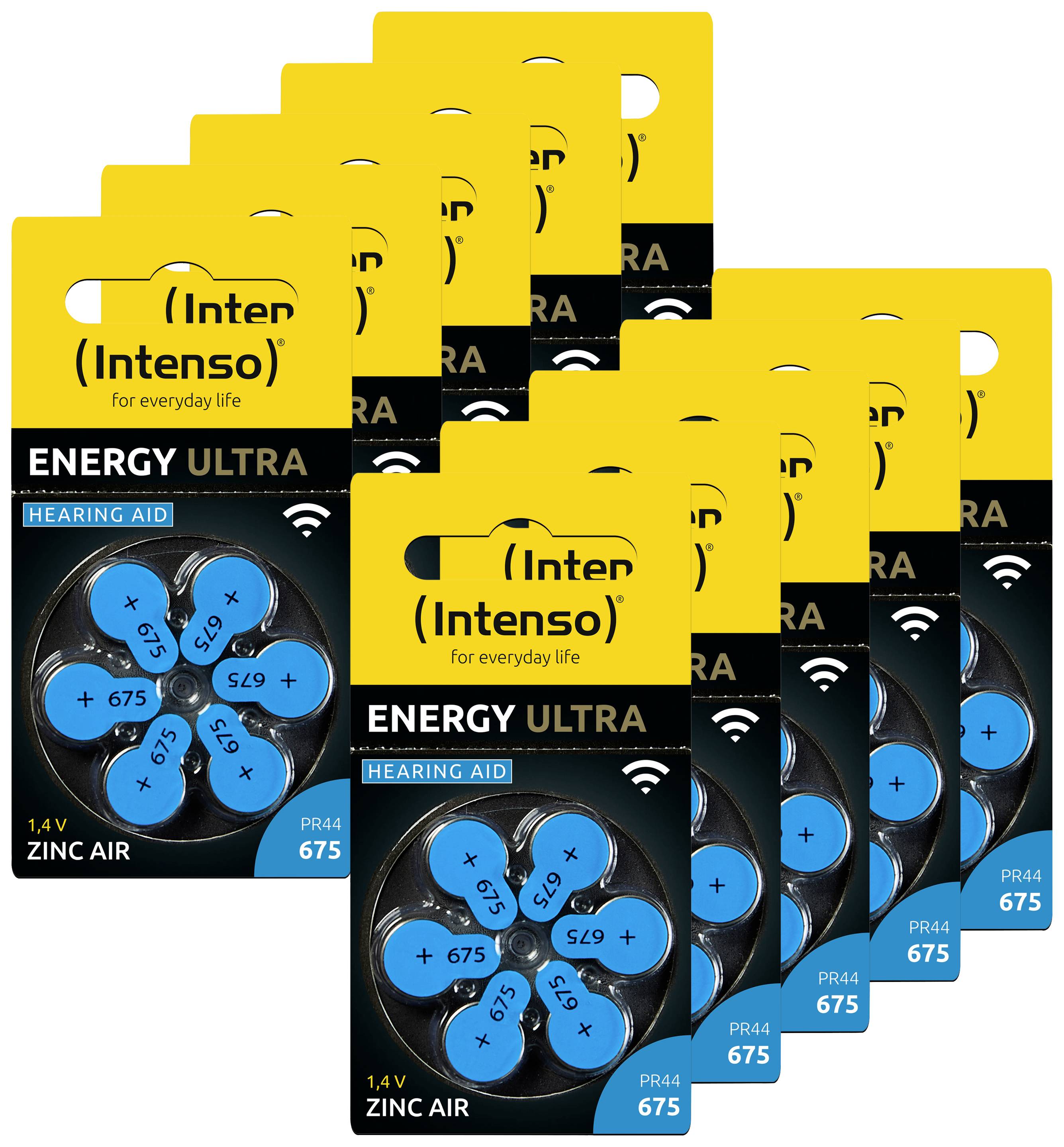 Battery packs from Intenso Energy Ultra for hearing aids, Type 675, 1.4V, with blue labels, stacked in triple sets.