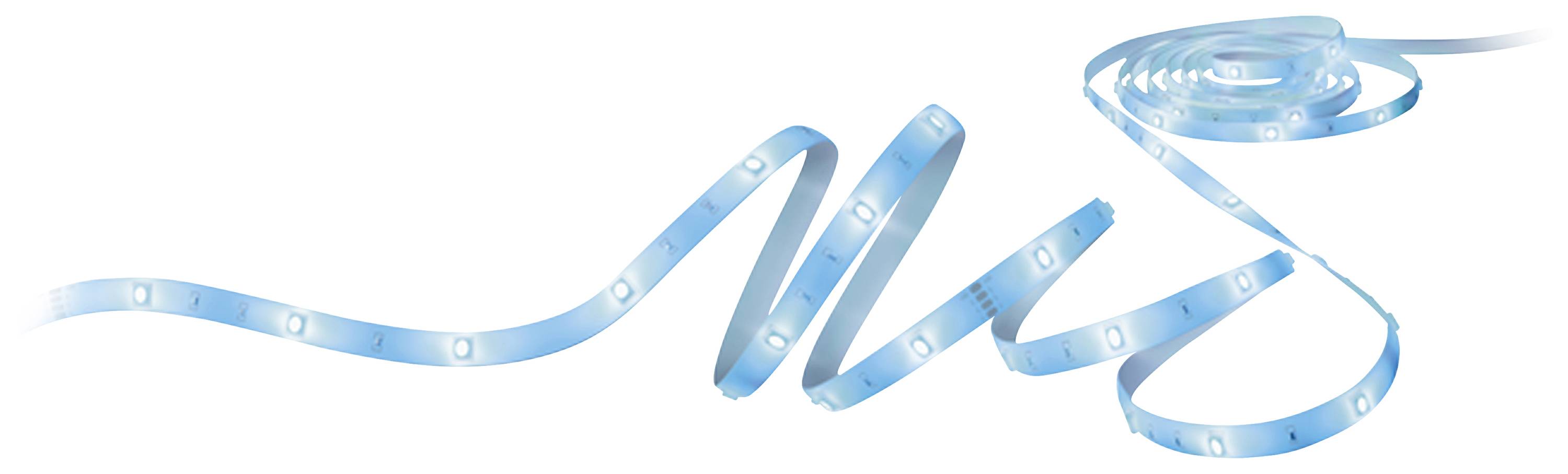 A long, white LED light strip is spread out in a spiral formation. The LEDs shine brightly and evenly along the strip.