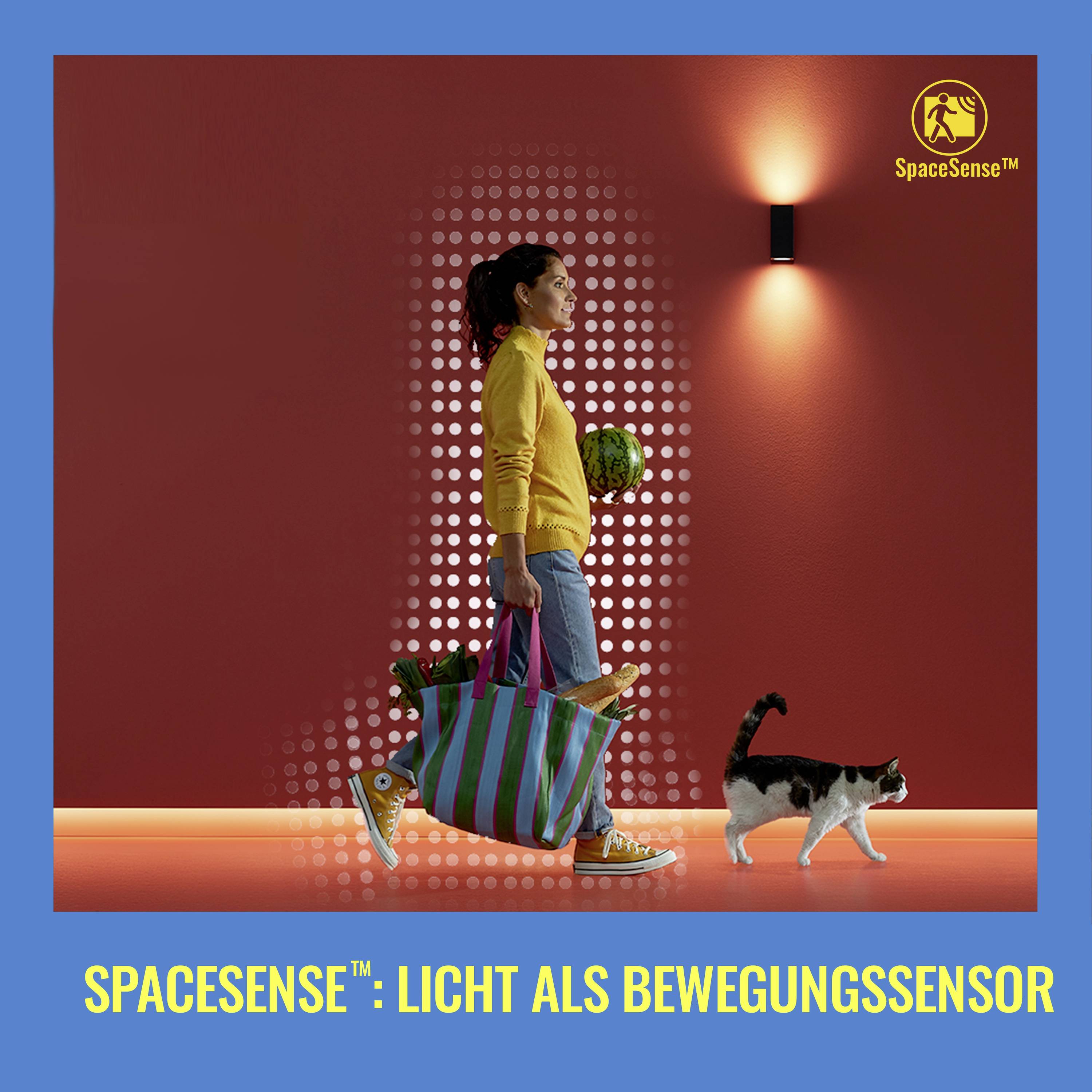Woman carries shopping bags, walking along an illuminated wall. Cat follows. Text at bottom: 'SpaceSense™: Light as a Motion Sensor'.