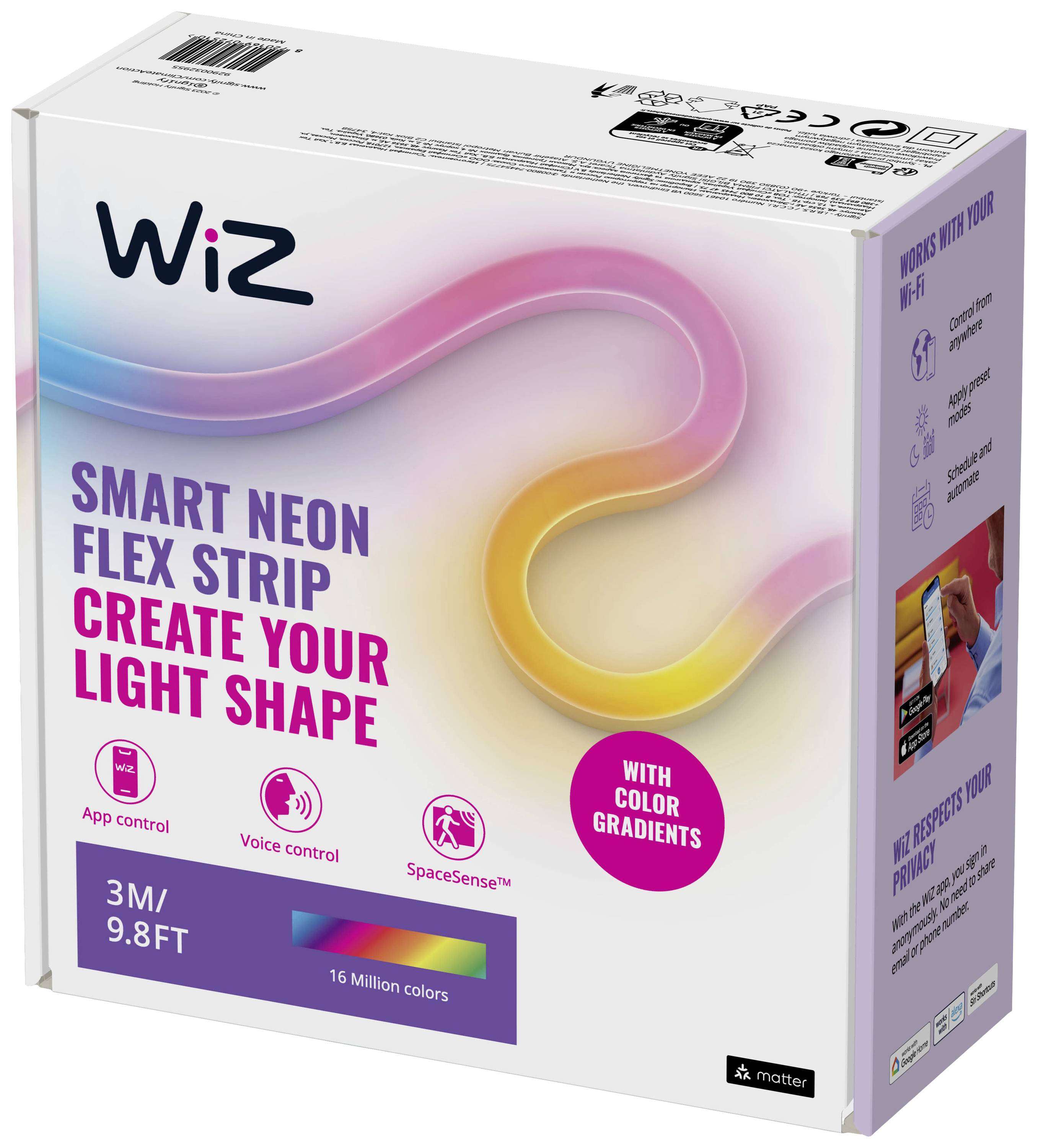 'WiZ Smart Neon Flex Strip' packaging shows an LED light strip with 3 m length and 16 million colours. Functions: App control, voice control, and colour gradients.
