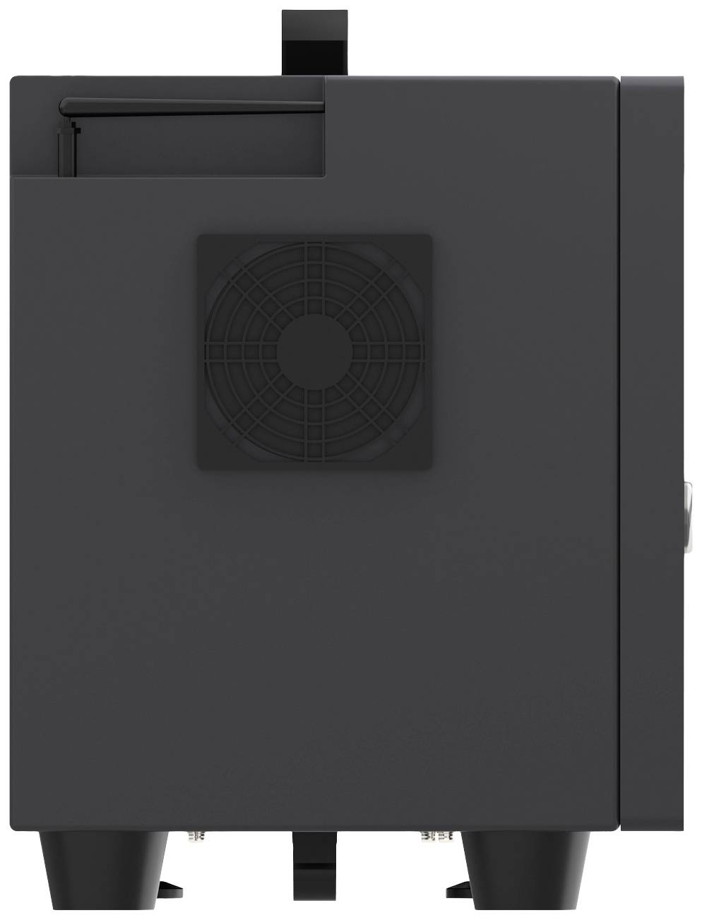 Black and grey technical device from the side. Visible: Fan and connection components. Function and exact size not discernible.