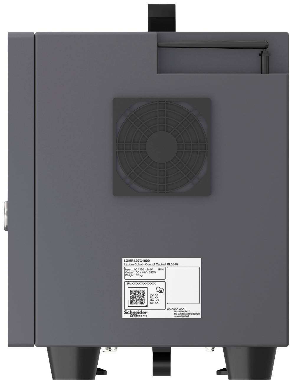 Dark grey rectangular device from Schneider Electric. Ventilation grille on the side and a label with a QR code at the bottom.