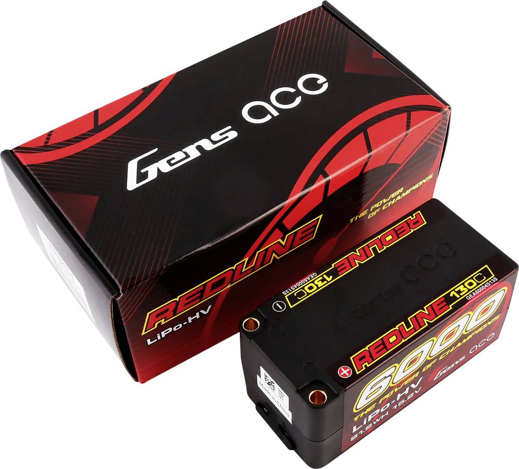 A red-boxed battery with the inscription 'REDLINE 6000, 130C LiPo-HV'. Packaging featuring the Gens ACC logo.