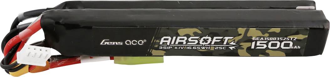 Black and gold Airsoft battery with 1500mAh capacity and 25C discharge current. Cables and connector visible on the left side.