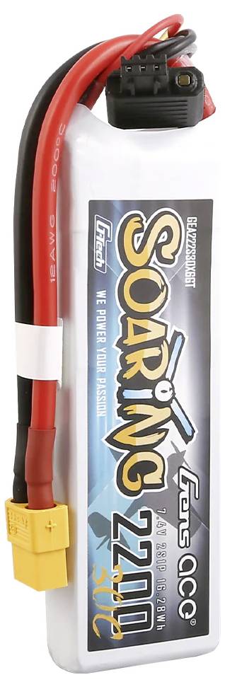 White Lithium Polymer battery with red and black cable. Label reads: 'SOARING 2200 11.1V'. Suitable for RC models.