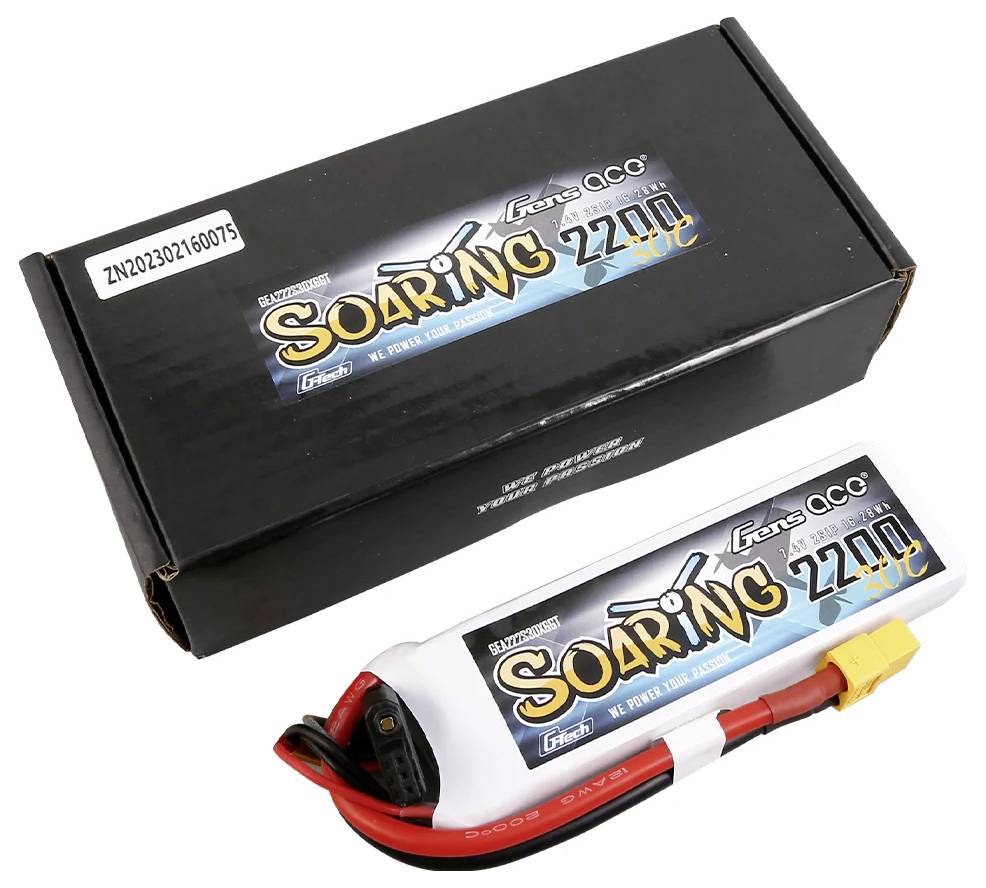 The battery 'Soaring 2200 30C' is pictured in a black packaging. Suitable for model aircraft, with an XT60 connector.