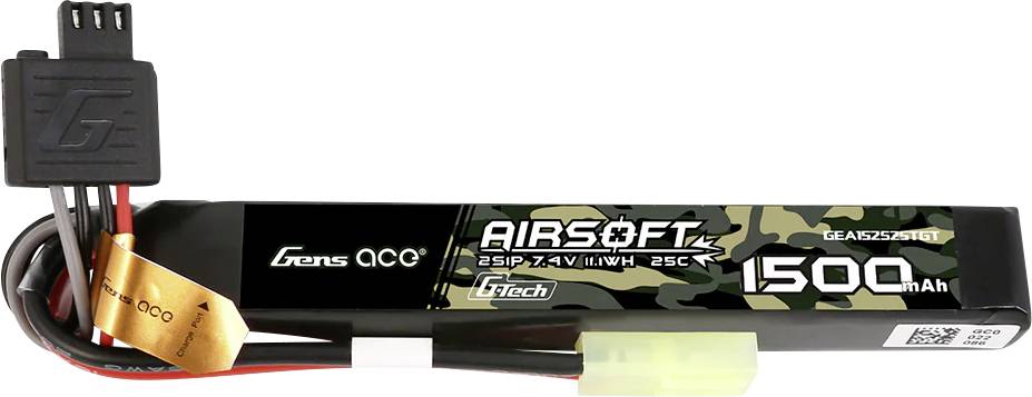A rectangular 'Airsoft' battery by 'Gens Ace' with camouflage pattern, 1500mAh, 7.4V, 25C, black connector and cable visible.
