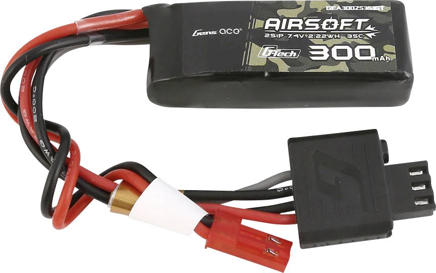 A LiPo battery with 300 mAh, specifically developed for airsoft devices, shows a voltage of 7.4 V. Red and black cables are connected.