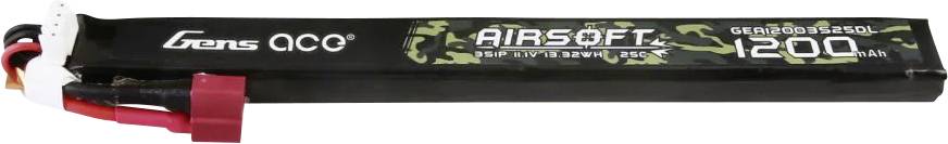 The battery shows the inscription 'Gens Ace Airsoft' and '1200 mAh'. It has red cable connectors.
