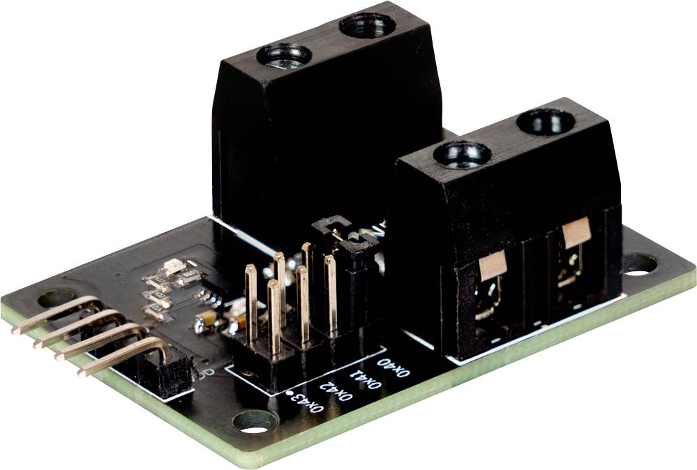 A black electronic module with multiple connection pins and two black connectors, mounted on a circuit board.