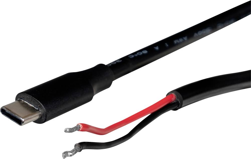 A USB-C cable with its sheath cut open reveals red and black wires, exposing the copper cables.