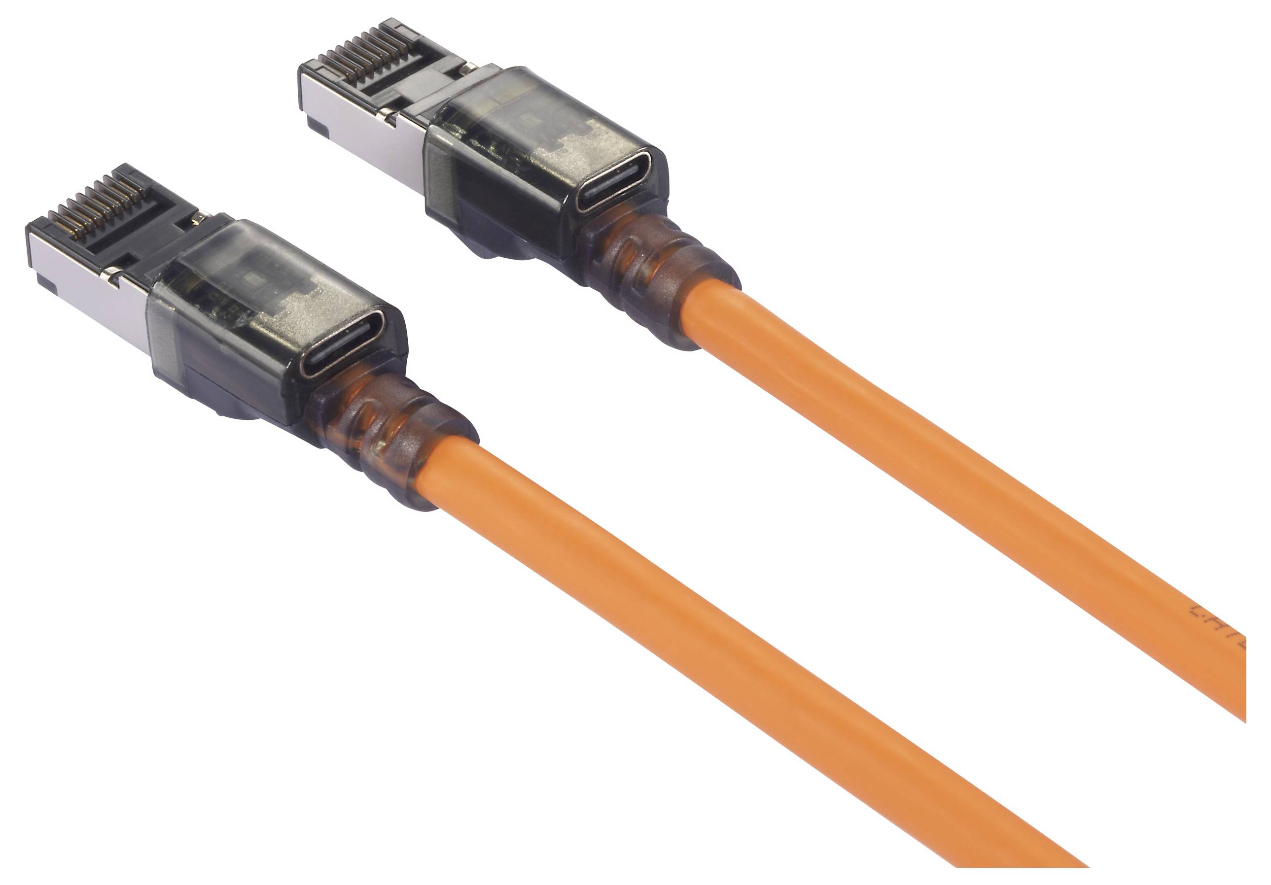 Orange Ethernet cables with metal connectors are shown side by side, symbolising network connections.