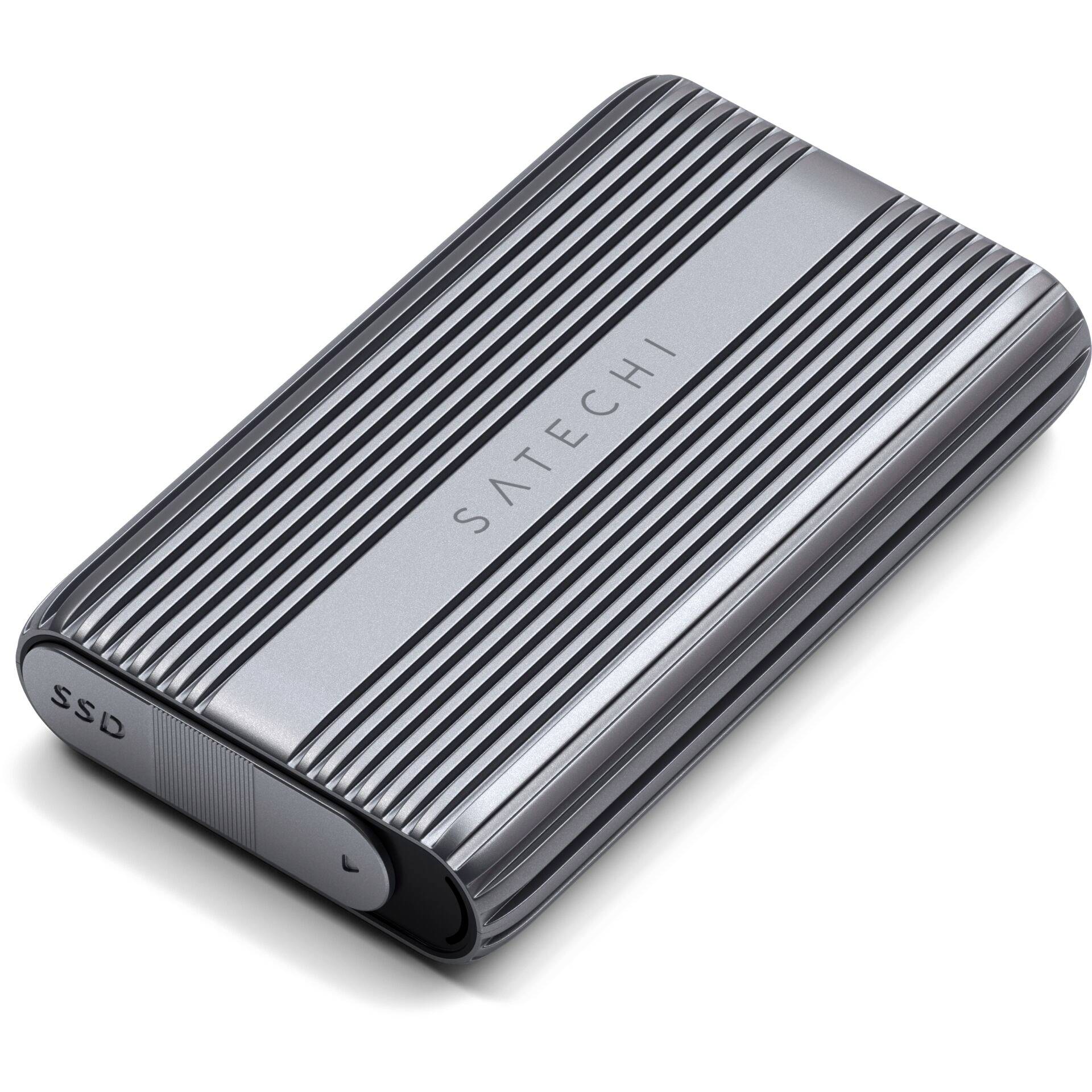 A portable SSD hard drive with a robust, ribbed casing and the inscription 'SATECHI' on the top surface.