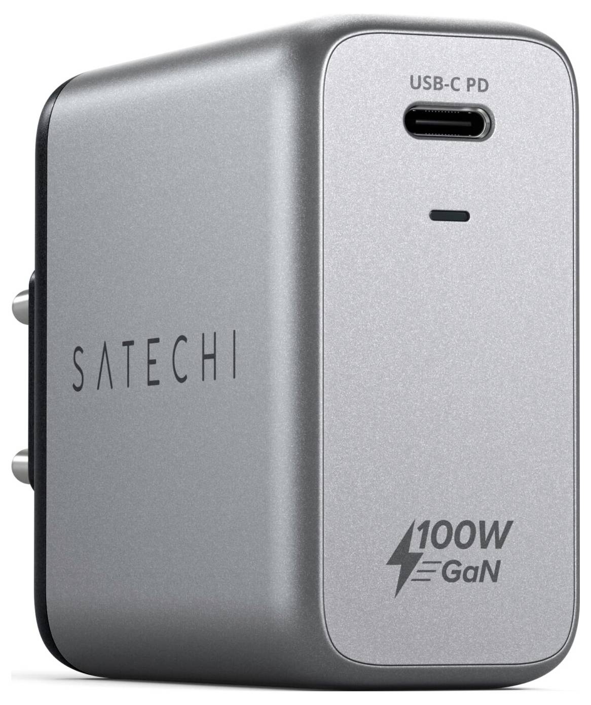 Grey Satechi 100W GaN USB-C Charger, compact in design, with ports on the side. Ideal for quickly charging devices.