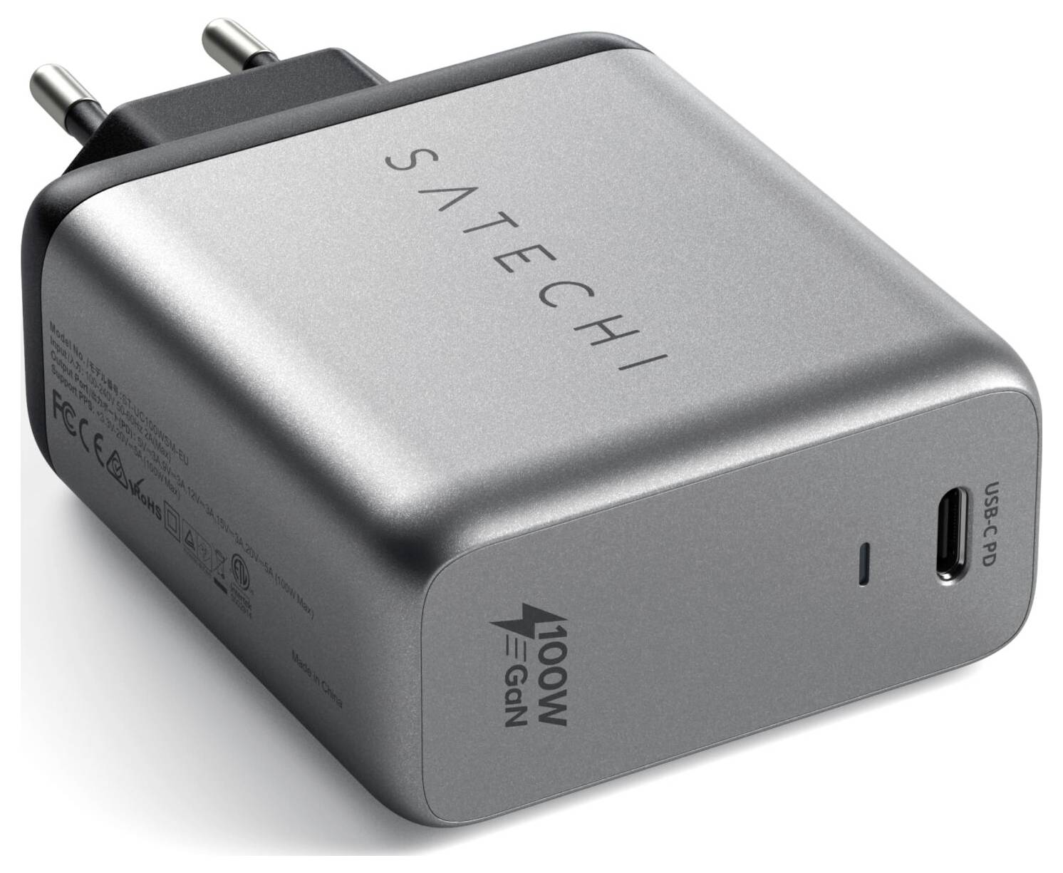 A grey Satechi charger with a USB-C port and 100W GaN technology, suitable for fast charging of devices.