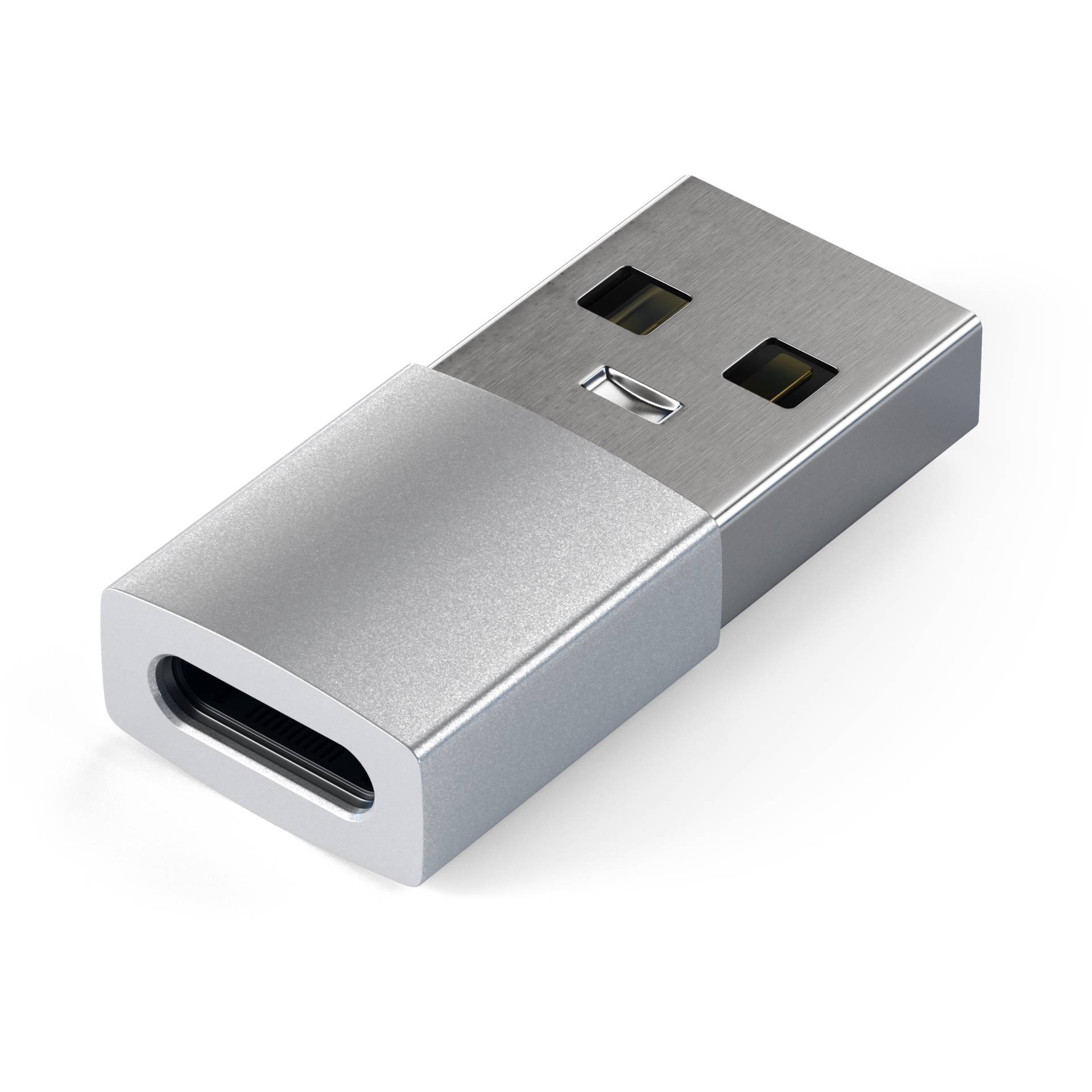 A USB plug with a USB-C connection adapter. The adapter enables the connection of USB-C devices with USB-A ports.