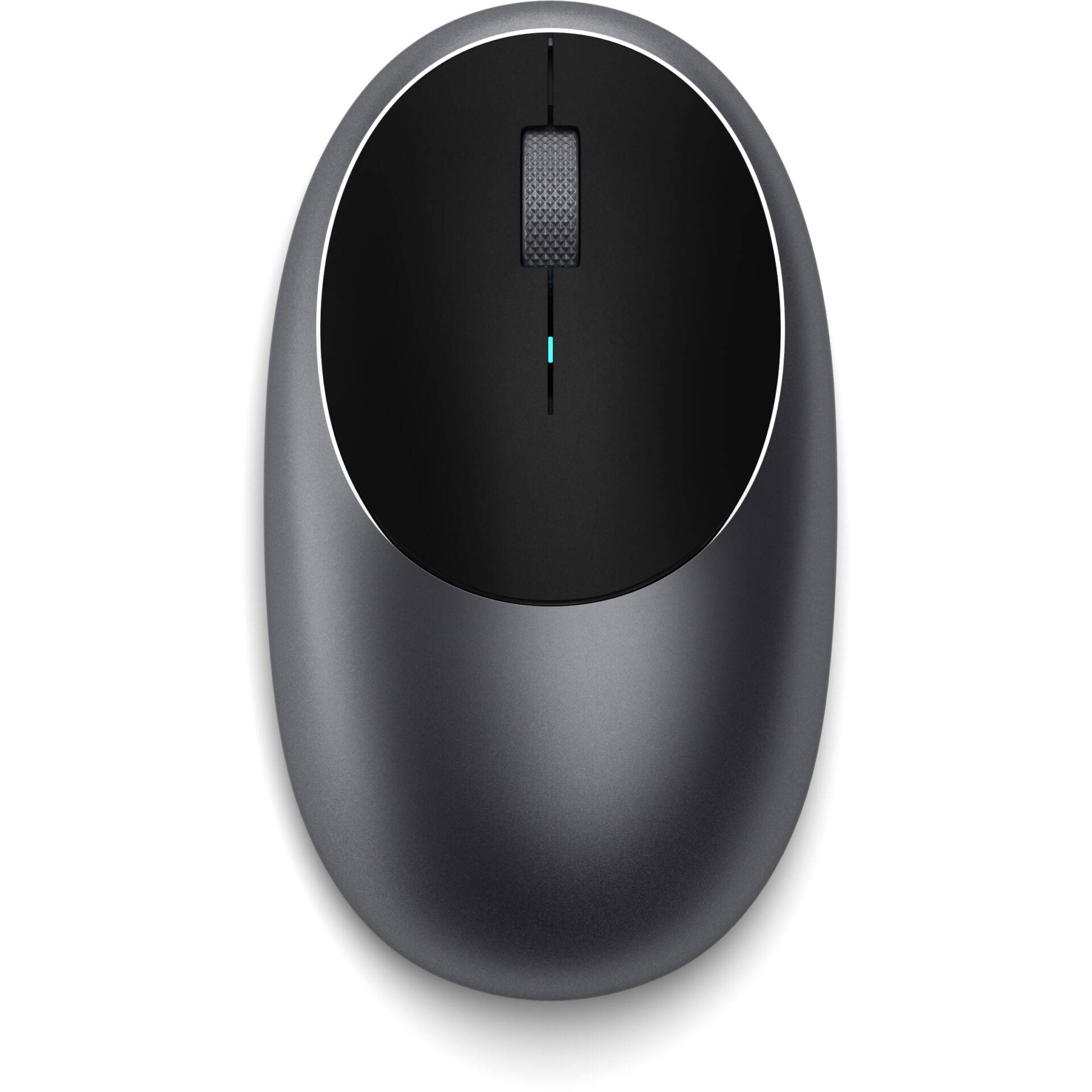 Top-down view of a modern, wireless computer mouse with a smooth, black upper surface and a centrally positioned scroll wheel.