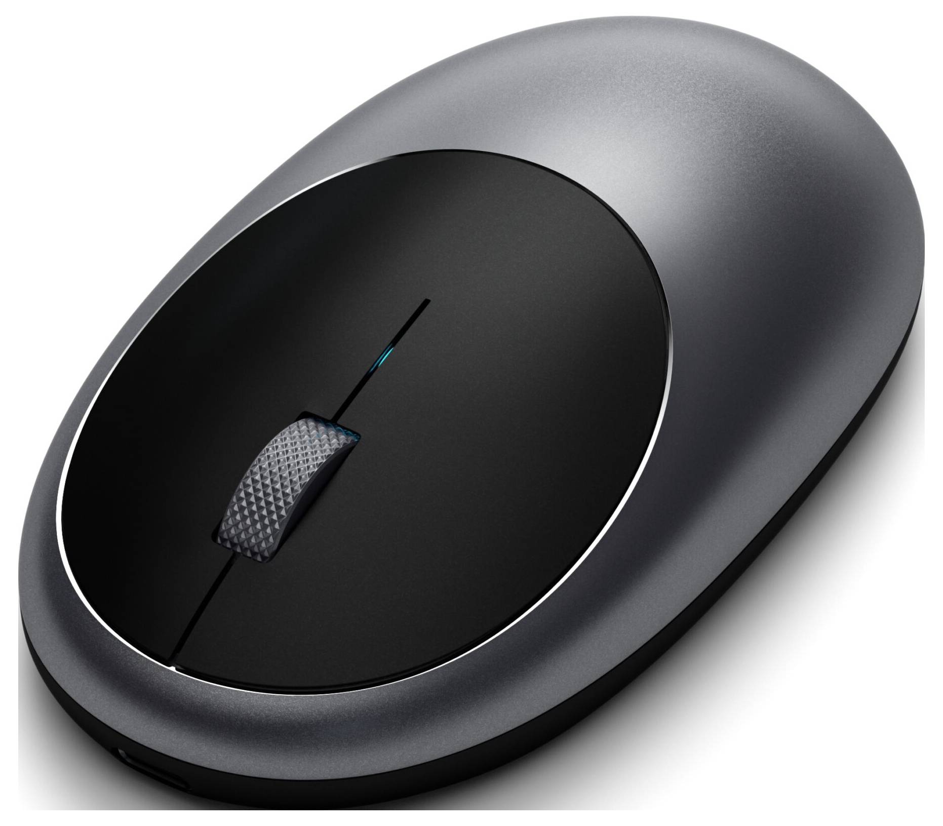 Wireless, ergonomic mouse in silver with a scroll wheel in the centre, suitable for precise and comfortable computer use.