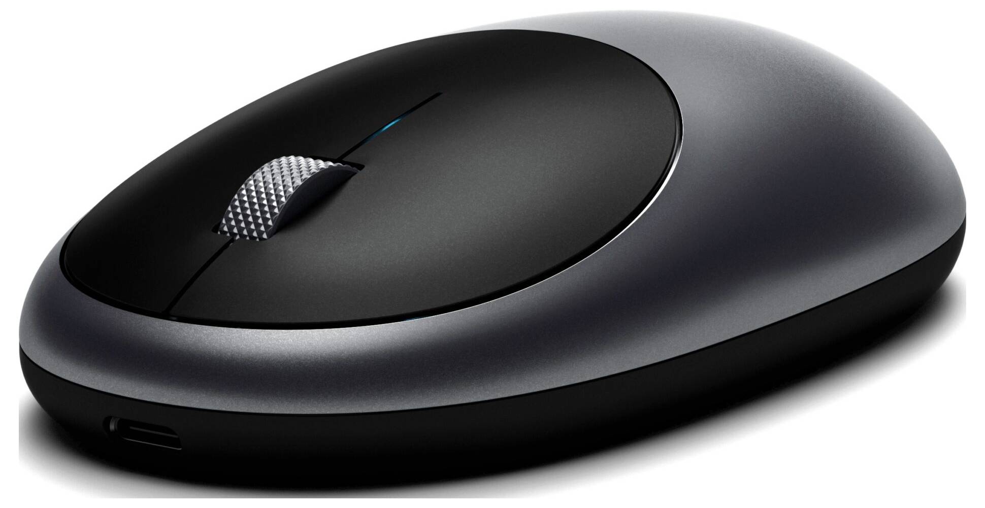 A wireless computer mouse with a sleek, ergonomic design and a silver scroll wheel, perfect for office use.