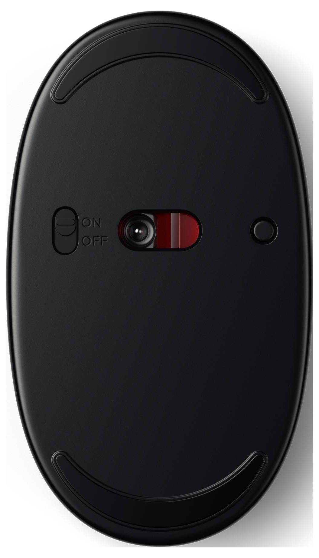 Underside of a black computer mouse with a red optical sensor and an on/off switch located to the left of the sensor.