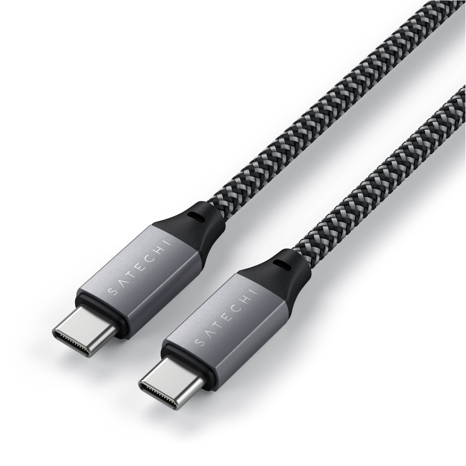 A braided USB-C cable by 'Satechi' with two identical connectors. Suitable for data transfer and charging.