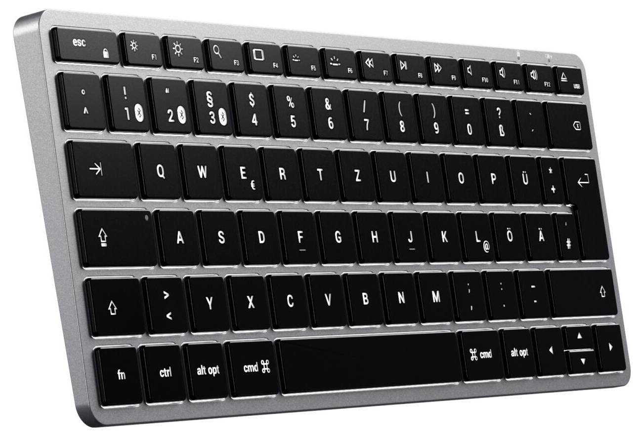 Wireless black keyboard in German QWERTZ layout, with numeric keys in the top row. No additional labelling.