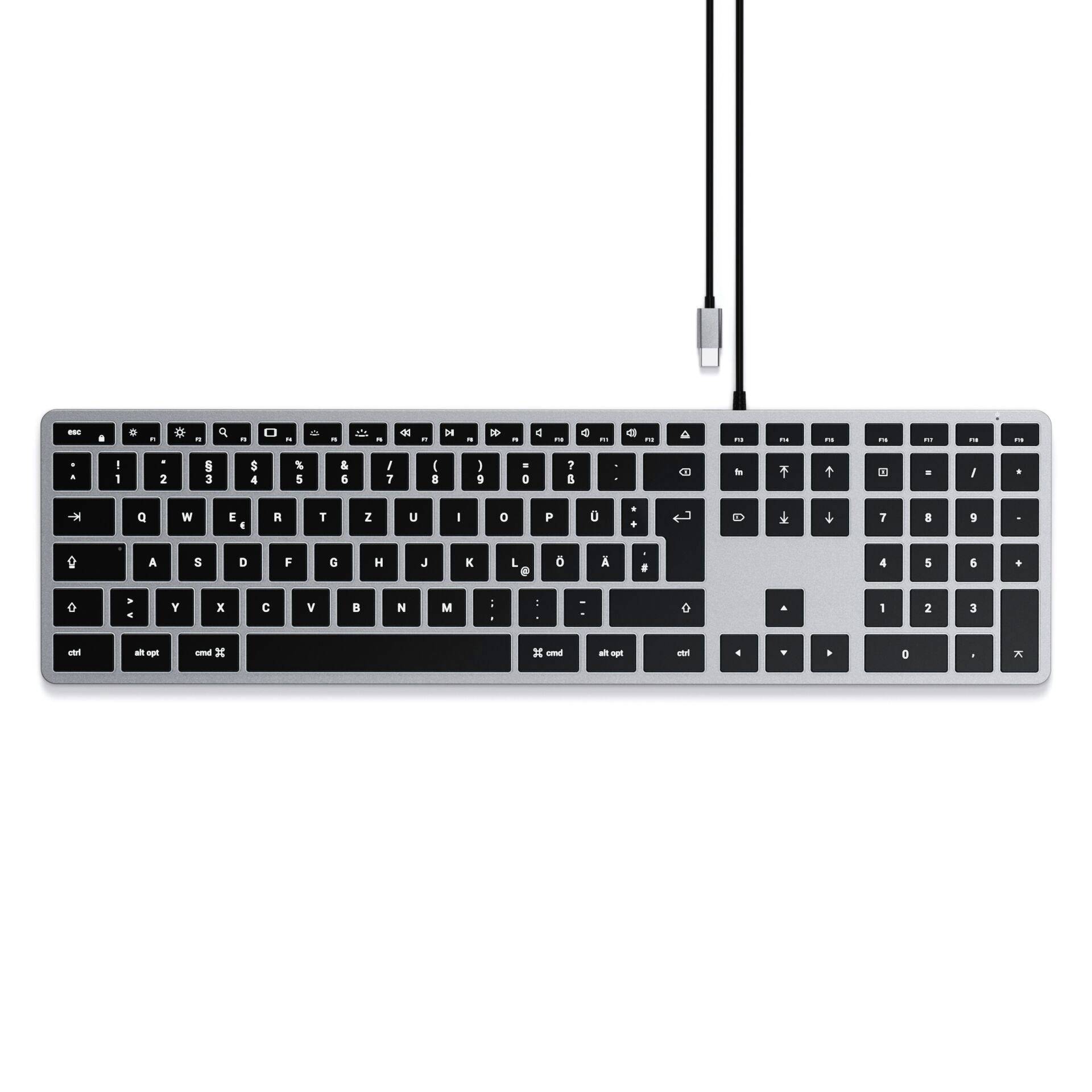 A flat, wired keyboard with a German QWERTZ layout, connected via USB, displays black keys with white lettering.