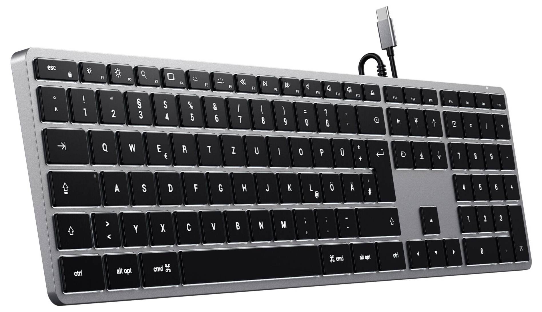 A black computer keyboard with a German QWERTZ layout and USB connection, suitable for PC or laptop use.