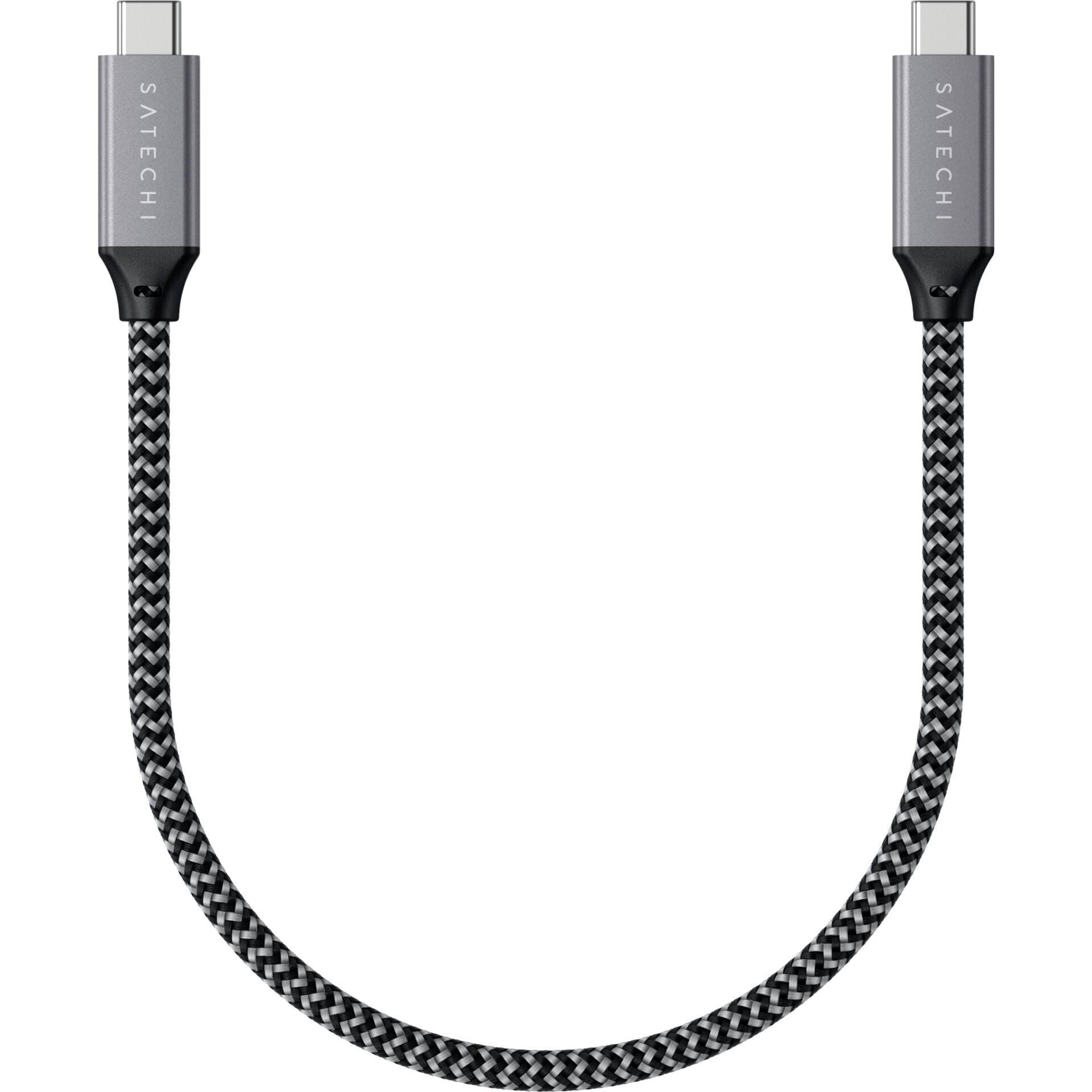 A braided Satechi USB-C to USB-C cable, grey and black, suitable for charging or transferring data between devices.
