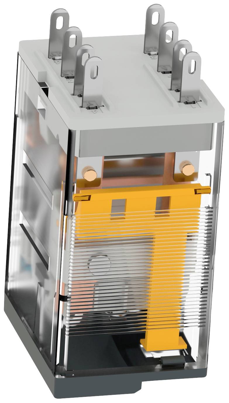 Ein elektrisches Schütz mit sechs Anschlussklemmen und einem transparenten Gehäuse, das interne Komponenten sichtbar macht.