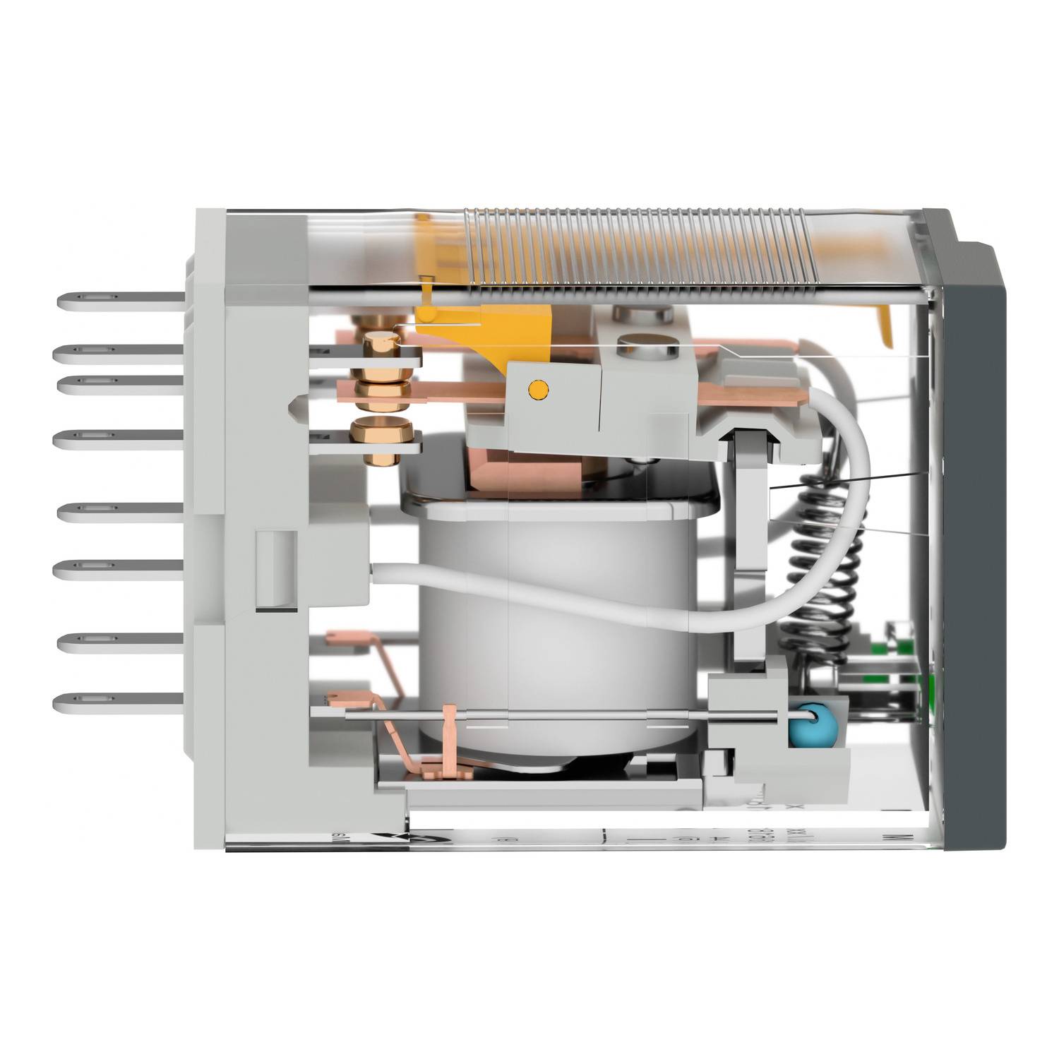 Ein durchsichtiges Relais zeigt die inneren mechanischen Komponenten wie Spulen, Kontakte und Federn. Es dient zur Steuerung elektrischer Signale.