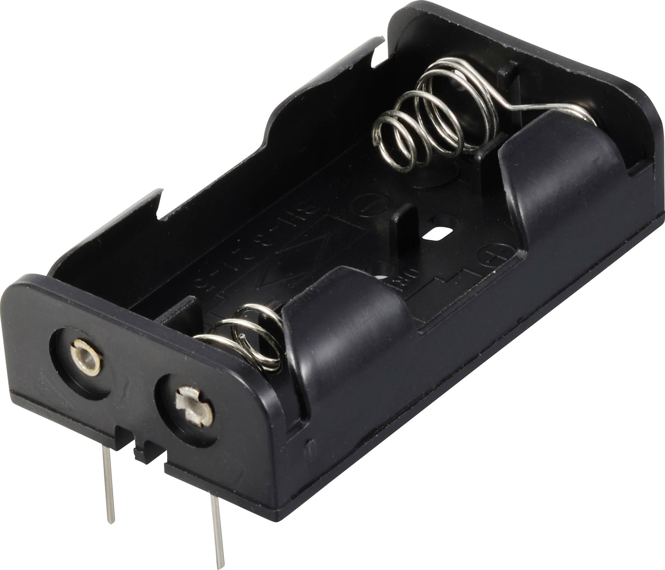 Black plastic battery holder for two AA batteries with metal springs and connection pins.