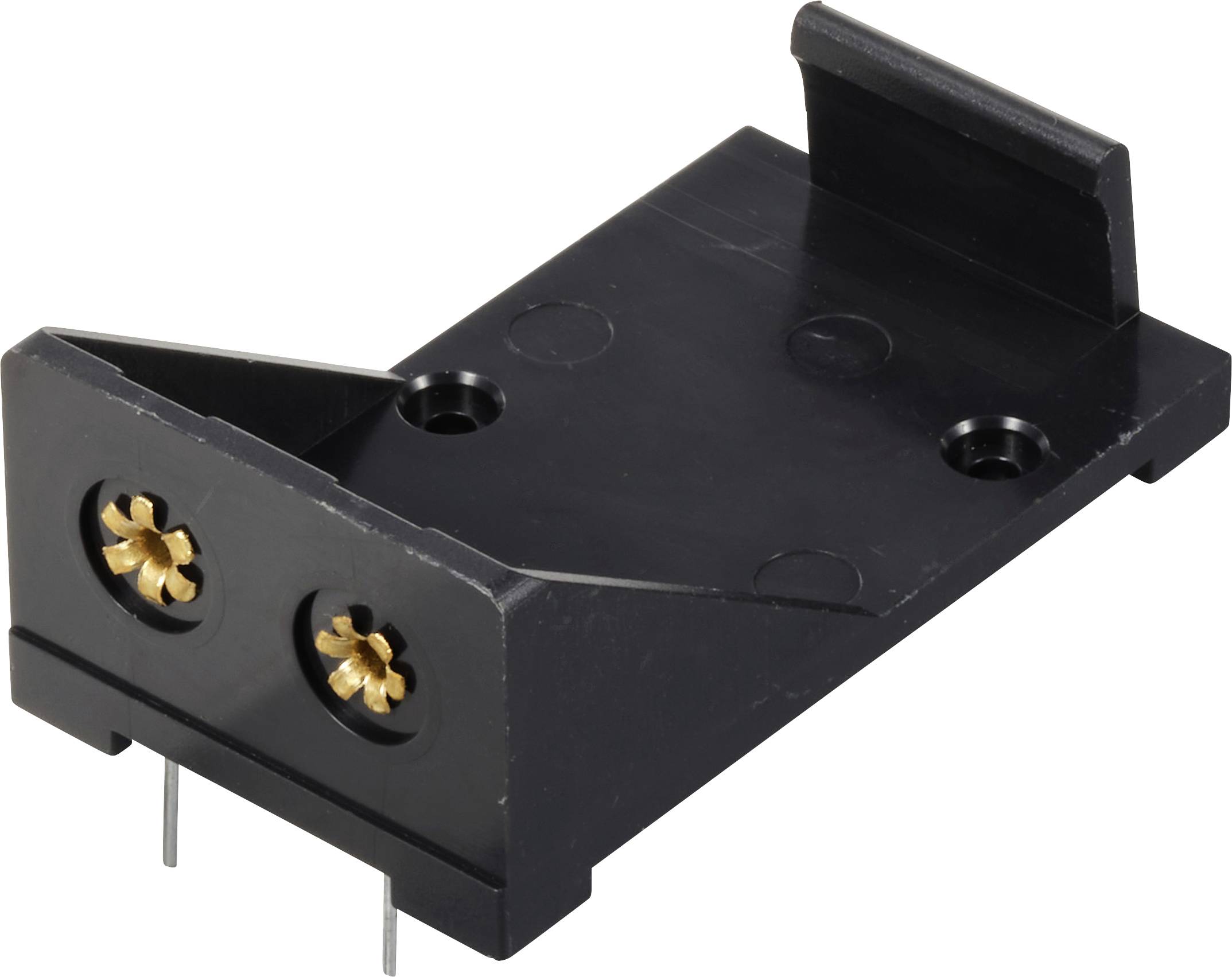 A black plastic plug with two gold-coloured screw heads and two metal pins on the underside, used for electrical connection.