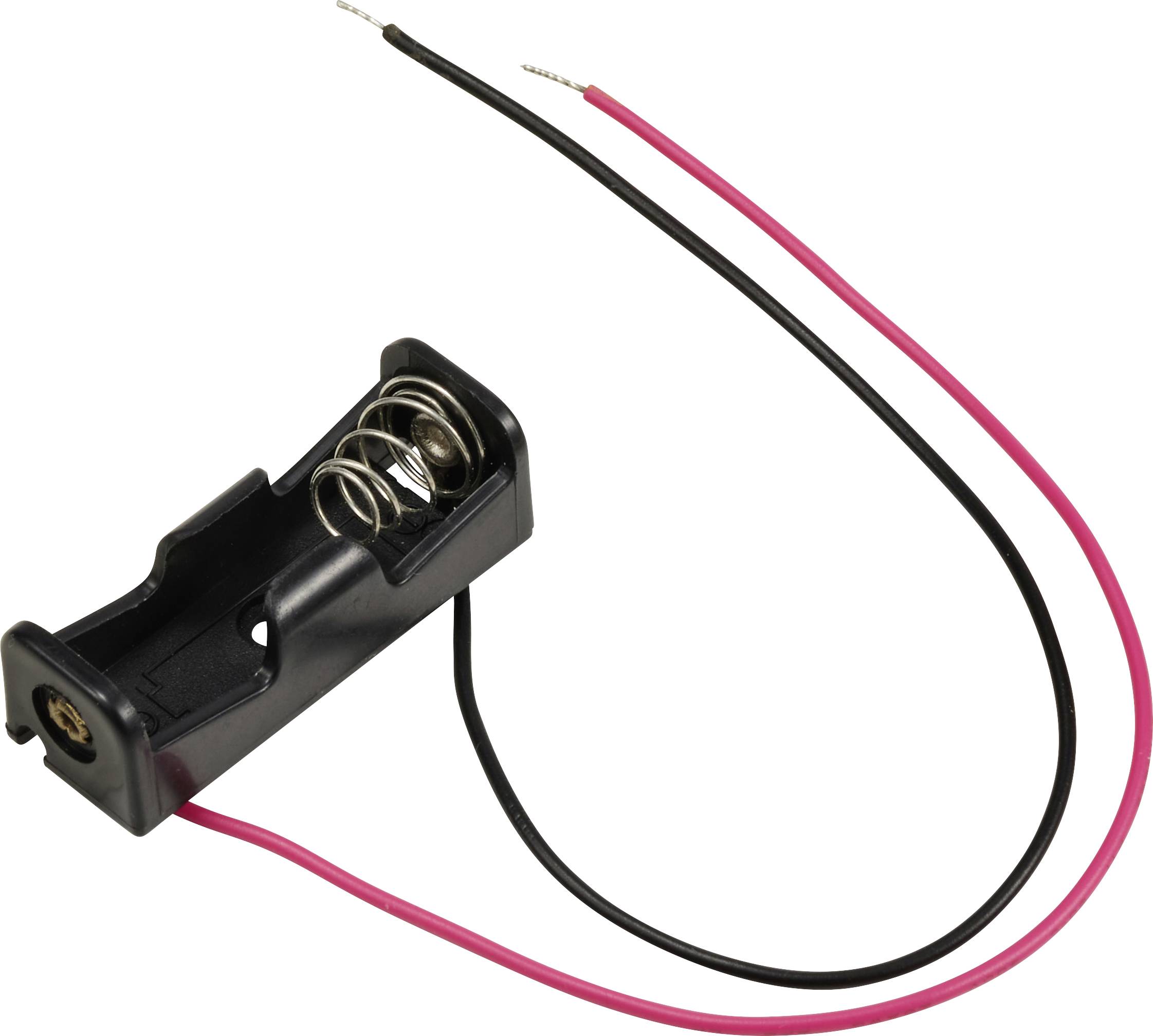Battery holder for 9V battery with red and black connection wires.