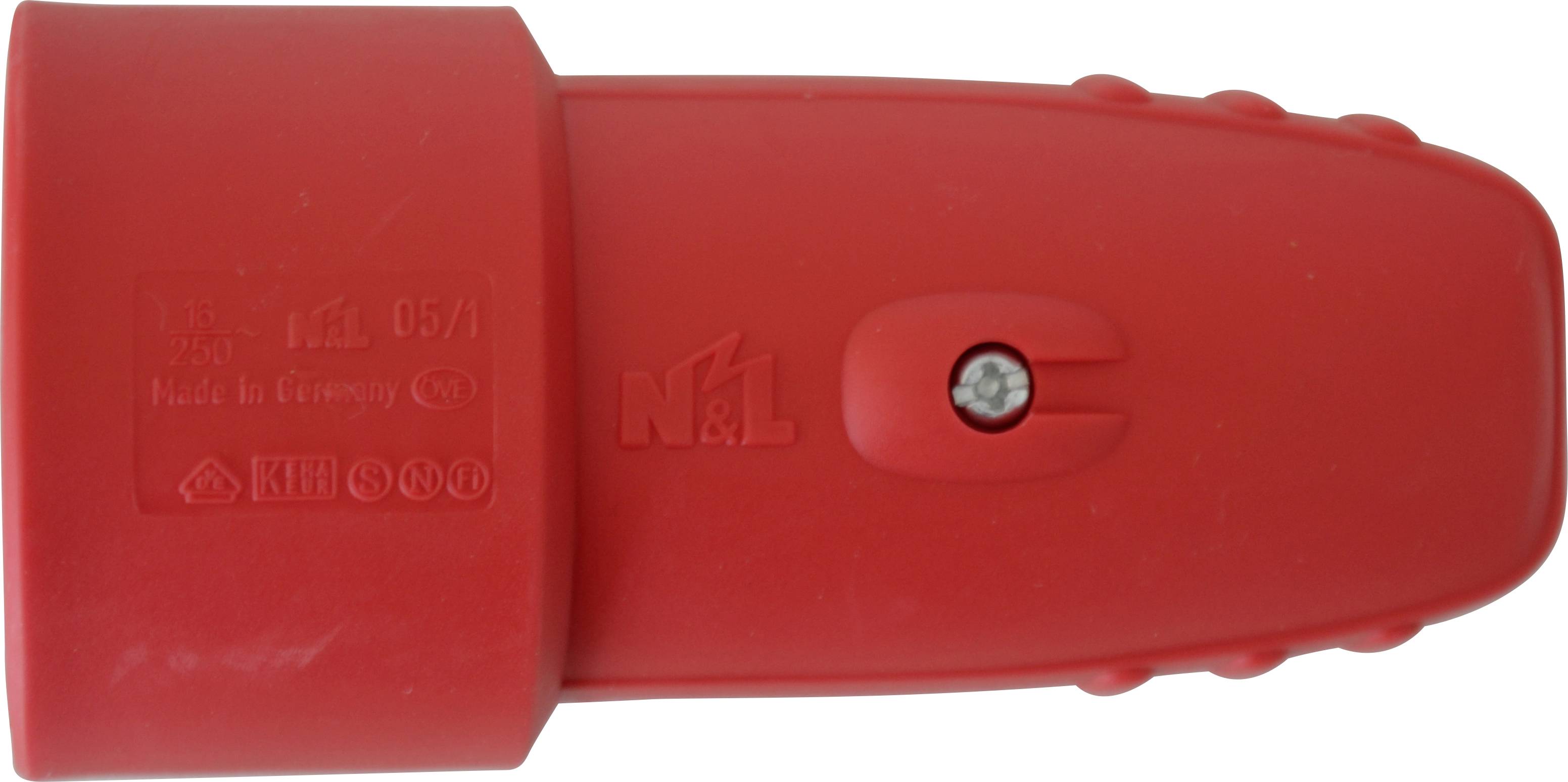 Red protective handle of a tool, robust and ergonomically designed, with safety markings and manufacturer information.