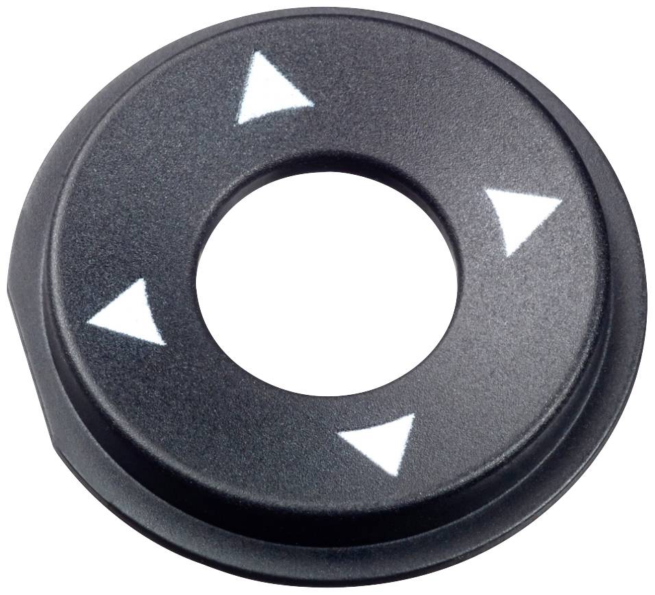 Round, black control element with four white directional arrows, highlighting the operating direction.