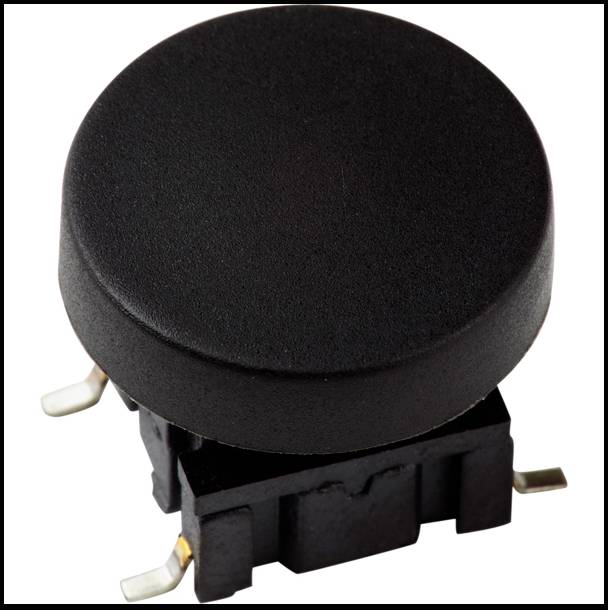 A black, round push switch with two protruding connection legs on a black base, shown from a bird's eye view.