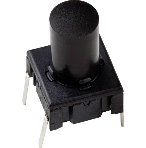 Black push button with four connection legs for electronic circuits.