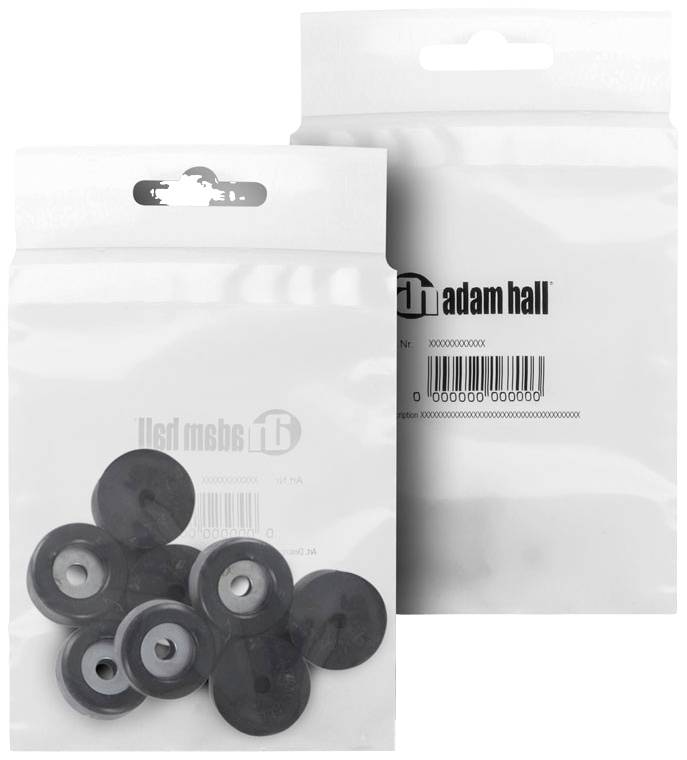 Plastic washers in a transparent packaging, two bags standing side by side, with the 'adam hall' logo.