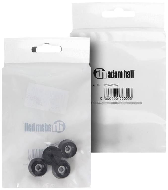 Two transparent packaging containers with the 'Adam Hall' logo, one showing four black rubber discs with metal cores, the other empty.