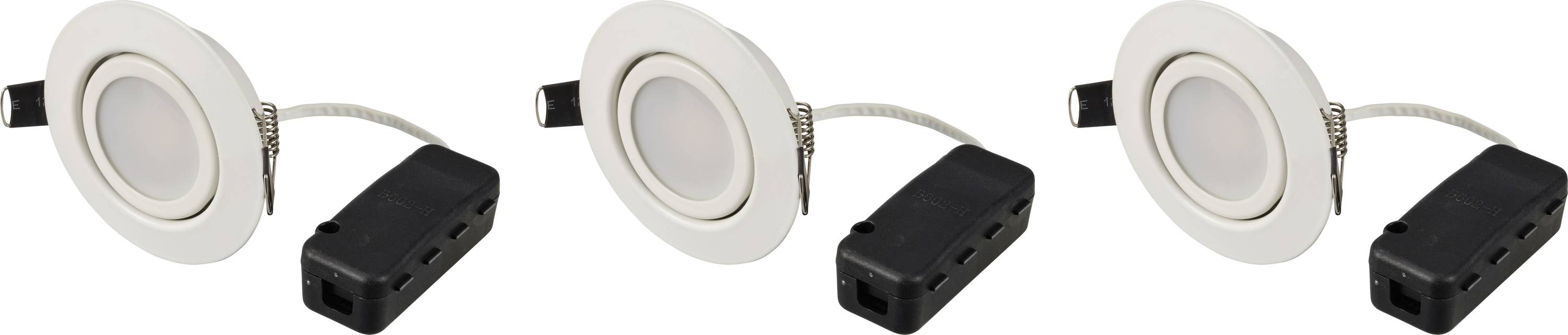 Round white LED recessed lights with a black transformer. Three lights arranged side by side.