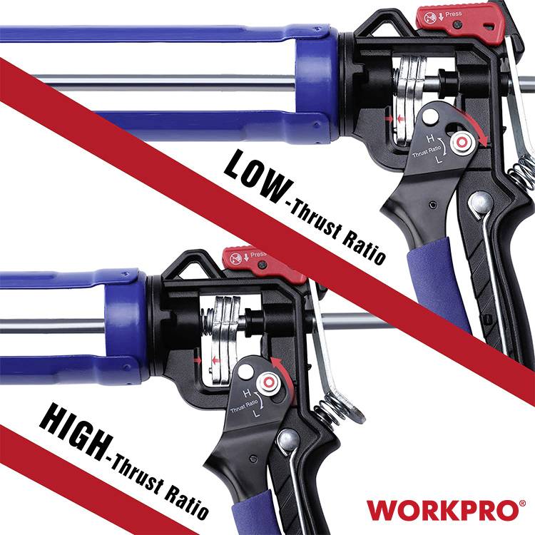 'WORKPRO' Cartridge Gun with Switchable Thrust Mechanism. Two Modes: High and Low Thrust, to Process Different Densities of Sealants.