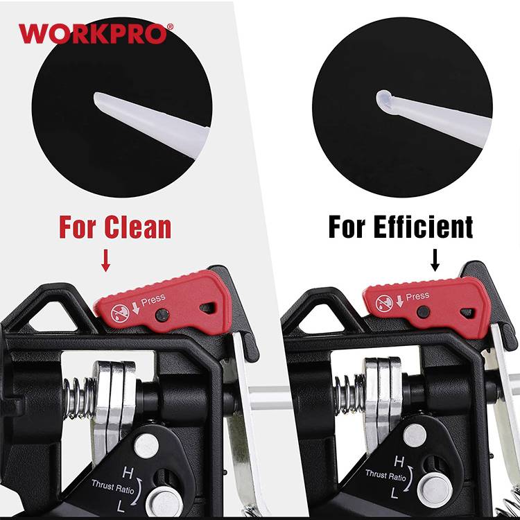 'WORKPRO' logo with two tool illustrations and text: 'For Clean' and 'For Efficient'. On the left, a straight tip, on the right, a curved tip.