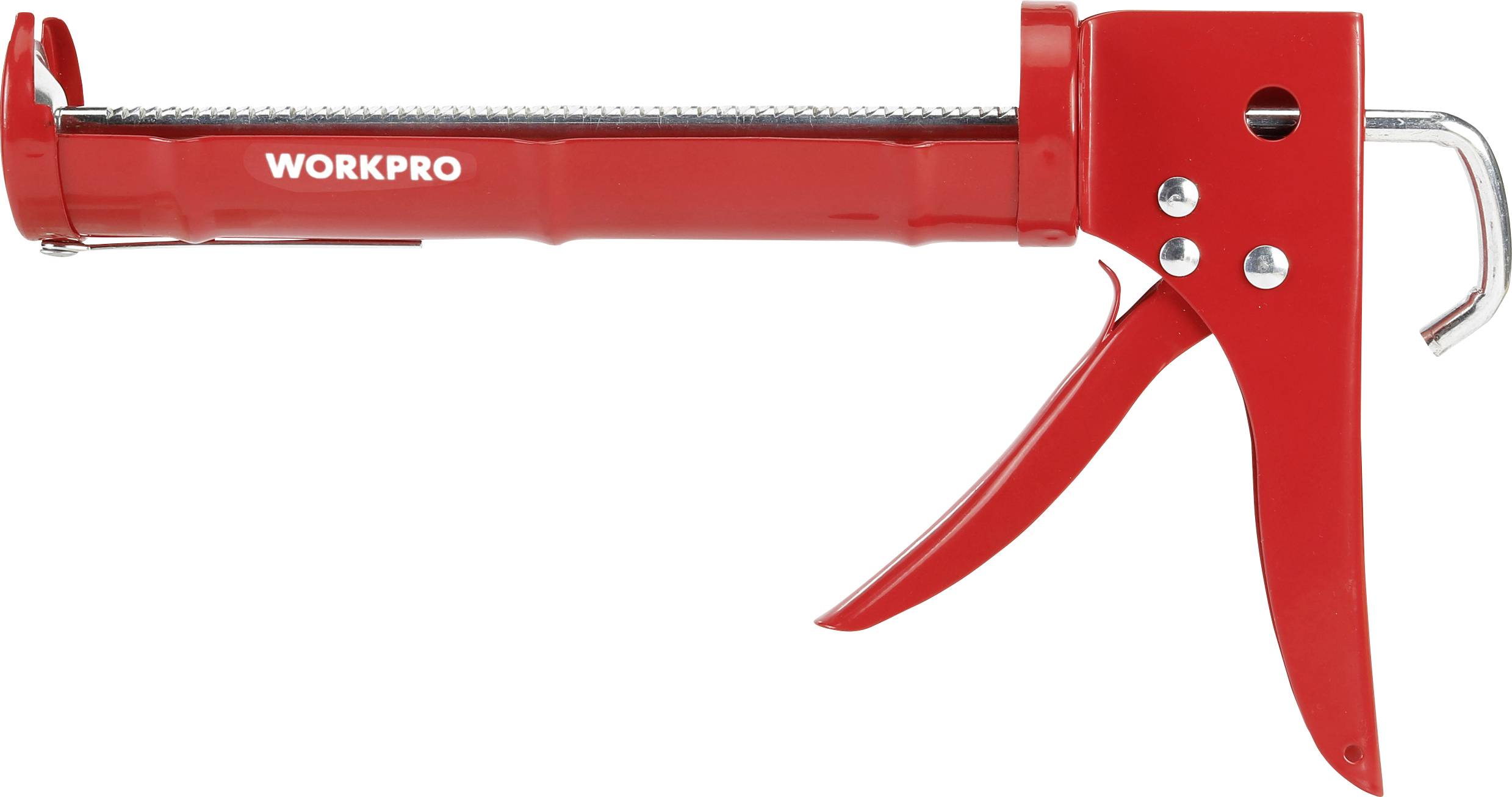 Red silicone gun with handle and metal bracket, brand name 'WORKPRO' visible. Tool for applying sealants.