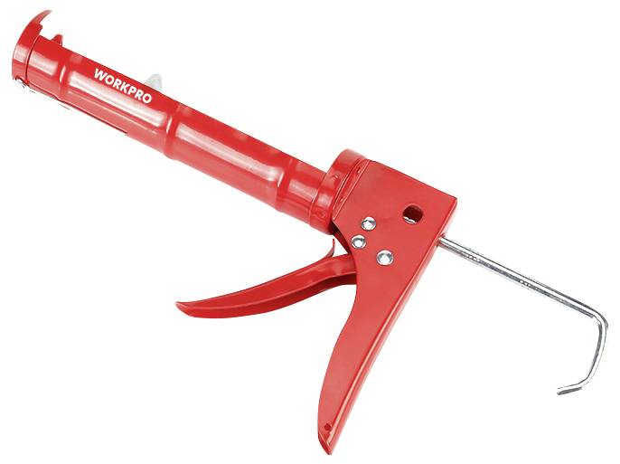 Red metal cartridge gun with an ergonomic handle and a hook thread at the end for easy application of sealants.