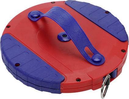 Red, round device with a blue handle and metal hook, commonly used for coiling cables or hoses.